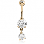 ZIRCON GOLD PVD COATED SURGICAL STEEL DOUBLE ROUND CZ DANGLE BANANA WITH JEWELLED BALL