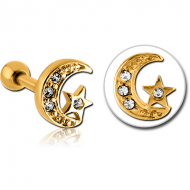 ZIRCON GOLD PVD COATED SURGICAL STEEL JEWELLED TRAGUS MICRO BARBELL - CRESCENT AND STAR