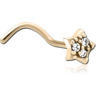 ZIRCON GOLD PVD COATED SURGICAL STEEL CURVED JEWELLED NOSE STUD - STAR