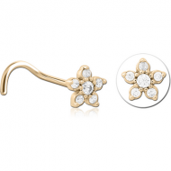 ZIRCON GOLD PVD COATED SURGICAL STEEL CURVED JEWELLED NOSE STUD - FLOWER