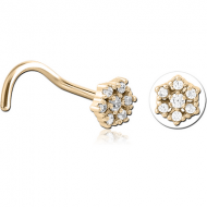 ZIRCON GOLD PVD COATED SURGICAL STEEL CURVED JEWELLED NOSE STUD - FLOWER