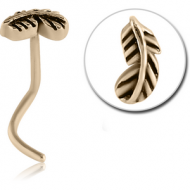 ZIRCON GOLD PVD COATED SURGICAL STEEL CURVED NOSE STUD - FEATHER