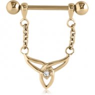 ZIRCON GOLD PVD COATED SURGICAL STEEL JEWELLED NIPPLE SHIELD - TRIQUETRA WITH CHAIN