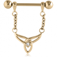 ZIRCON GOLD PVD COATED SURGICAL STEEL JEWELLED NIPPLE SHIELD - TRIQUETRA WITH CHAIN PIERCING