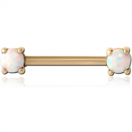 ZIRCON GOLD PVD COATED SURGICAL STEEL EXTERNAL THREADED SYNTHETIC OPAL NIPPLE BAR PIERCING