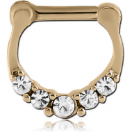 ZIRCON GOLD PVD COATED SURGICAL STEEL ROUND JEWELLED HINGED SEPTUM CLICKER